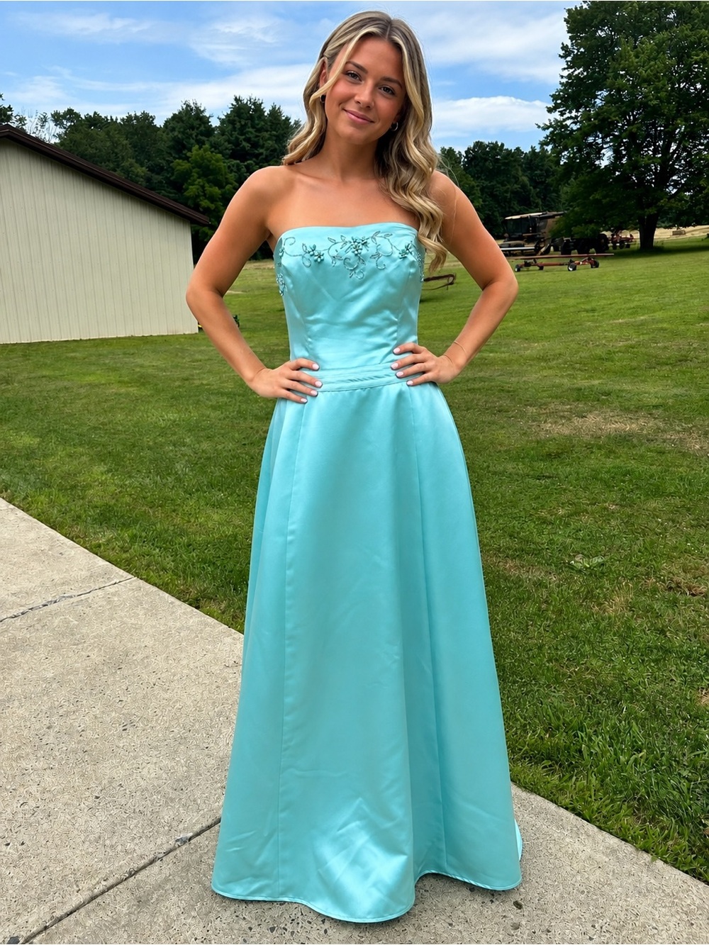 Morgan & Co. Strapless Aqua Prom Gown with Embroidered Bodice